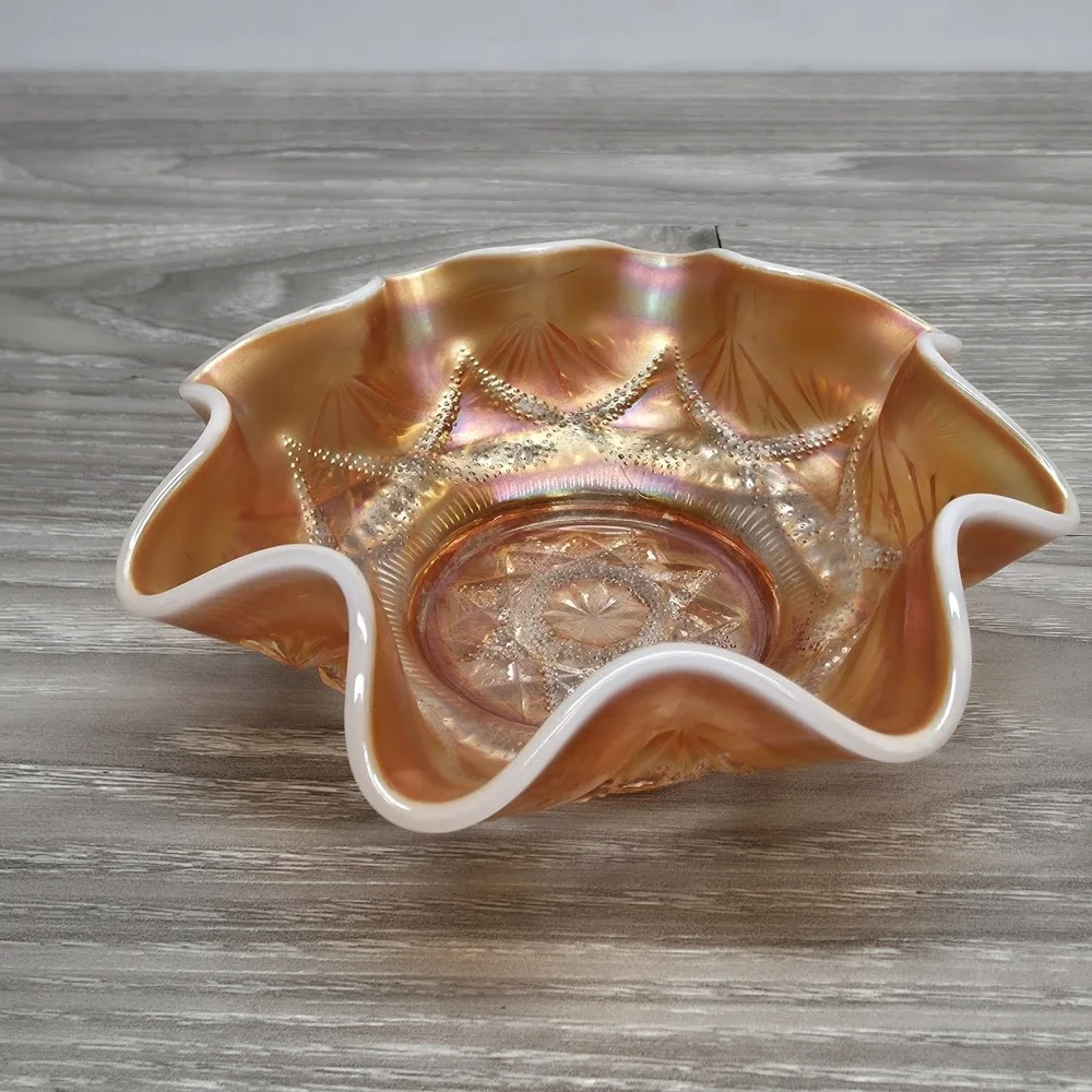Dugan Ski Star Style‎ Ruffled Bowl - Peach Opal Carnival Glass 6